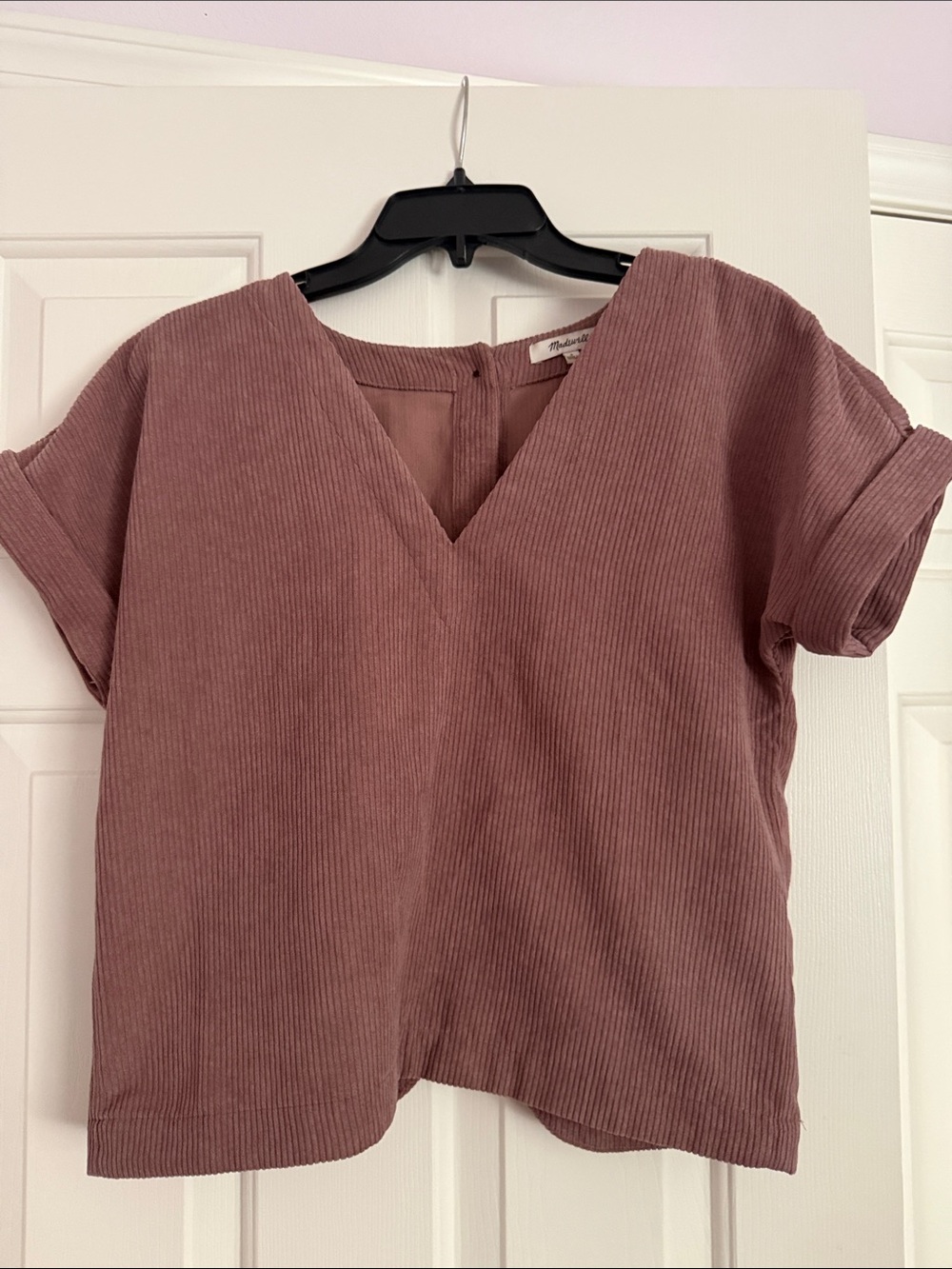 Madewell Mauve Corduroy V-Neck Short Sleeve Top